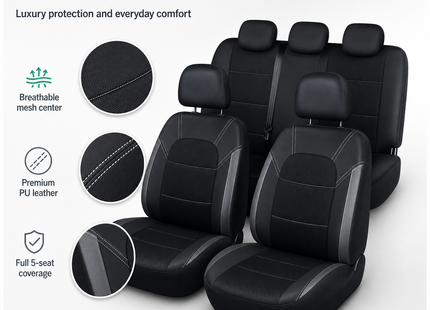 Housse de Siège de Voiture Universelle en Cuir PU – Ensemble Complet 9 Pièces – Luxe – 5 Sièges – Haute Qualité – Protection Complète 5 Places pour Voitures, SUV, Camions, Fourgonnettes