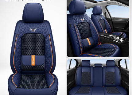 Housse de Siège de Voiture 5 Places – Nouveau Support Lombaire Fixe – Cuir Nappa Soie Glacée – Universel Quatre Saisons – Adapté à la Plupart des Voitures – Mousse PE Rembourrée