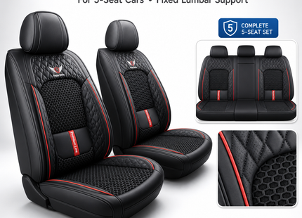 Housse de Siège de Voiture 5 Places – Nouveau Support Lombaire Fixe – Cuir Nappa Soie Glacée – Universel Quatre Saisons – Adapté à la Plupart des Voitures – Mousse PE Rembourrée