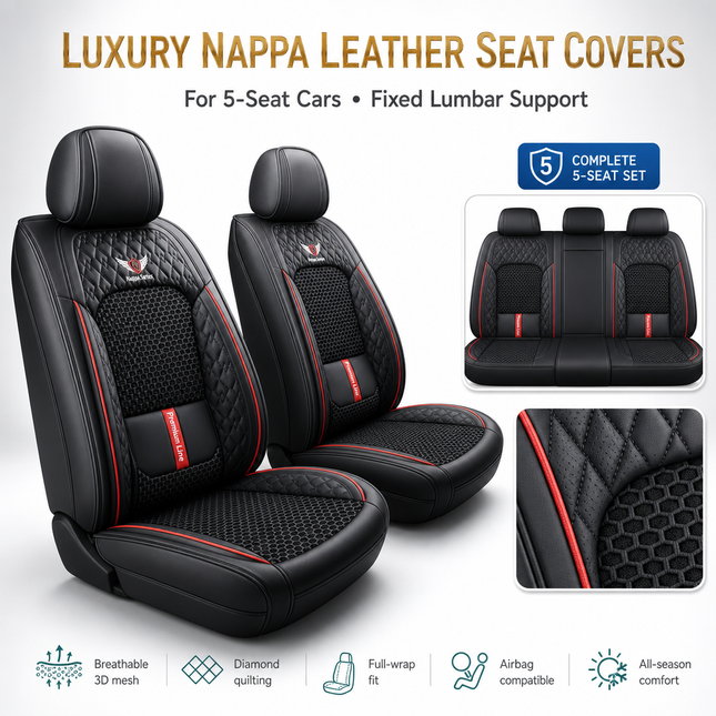 Housse de Siège de Voiture 5 Places – Nouveau Support Lombaire Fixe – Cuir Nappa Soie Glacée – Universel Quatre Saisons – Adapté à la Plupart des Voitures – Mousse PE Rembourrée
