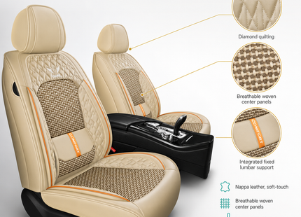 Housse de Siège de Voiture 5 Places – Nouveau Support Lombaire Fixe – Cuir Nappa Soie Glacée – Universel Quatre Saisons – Adapté à la Plupart des Voitures – Mousse PE Rembourrée