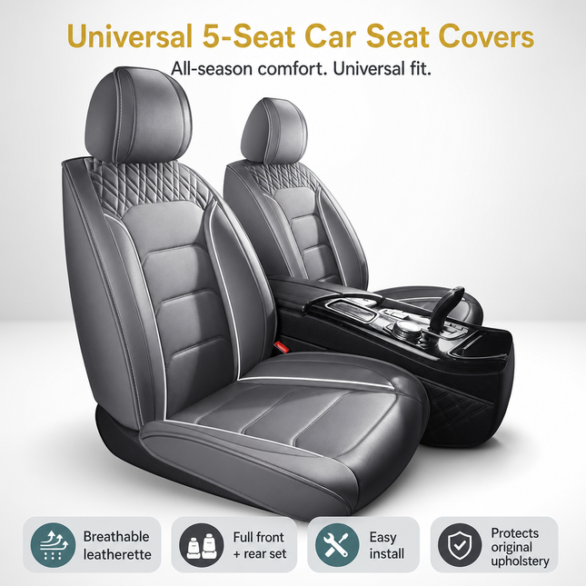 Housses de Siège de Voiture Universelles 5 Places – Style Professionnel Simple – Confortables et Durables pour Toutes les Saisons – Adaptées à la Plupart des Véhicules – Cuir Artificiel – Mousse PE Rembourrée