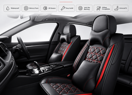 Housse de Siège de Voiture 5 Places Universelle – Pour la Plupart des Sièges de Voiture – Éponge et Cuir Artificiel – Rembourrage Mousse à Mémoire de Forme – Imperméable – Toutes Saisons – Rangement et Organisation – Protection Complète