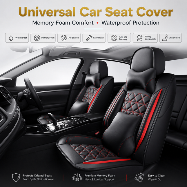 Housse de Siège de Voiture 5 Places Universelle – Pour la Plupart des Sièges de Voiture – Éponge et Cuir Artificiel – Rembourrage Mousse à Mémoire de Forme – Imperméable – Toutes Saisons – Rangement et Organisation – Protection Complète
