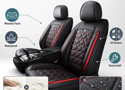 Housse de Siège de Voiture 5 Places Universelle – Pour la Plupart des Sièges de Voiture – Éponge et Cuir Artificiel – Rembourrage Mousse à Mémoire de Forme – Imperméable – Toutes Saisons – Rangement et Organisation – Protection Complète