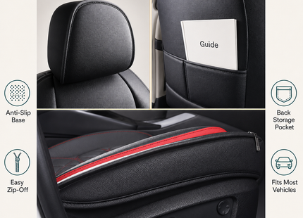 Housse de Siège de Voiture 5 Places Universelle – Pour la Plupart des Sièges de Voiture – Éponge et Cuir Artificiel – Rembourrage Mousse à Mémoire de Forme – Imperméable – Toutes Saisons – Rangement et Organisation – Protection Complète