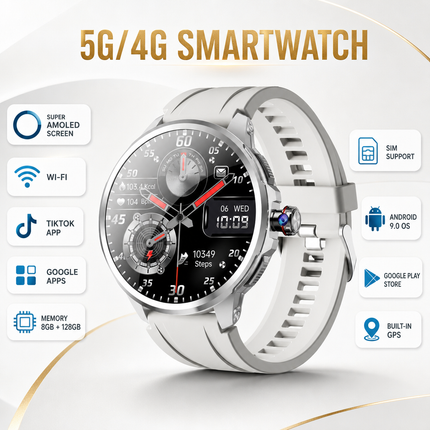 Montre connectée 5G/4G AMOLED 1,95″ montre intelligente 720*720 HD Google APP Smartwatch Android, GPS, Wi-Fi, appels SIM, caméra 8 MP, suivi santé et jusqu’à 8 Go + 128 Go
