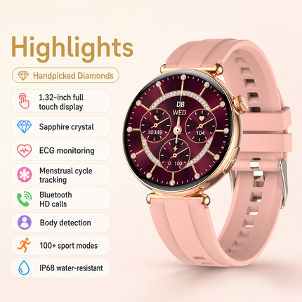 Montre connectée femme AMOLED 1,32 po – Appels Bluetooth, ECG, suivi santé et sport, écran 466 × 466, IP68