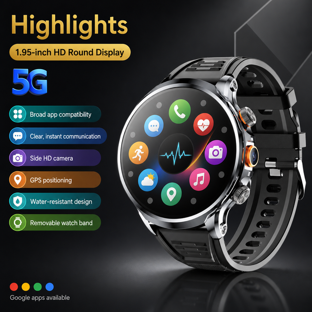 Montre intelligente 4G AMOLED 1,95 po avec GPS, Wi-Fi, caméra 8 MP et suivi d’activité, batterie 1880 mAh, 16 Go + 256 Go de RAM, appareil photo 800 W, GPS, WIFI, téléchargement d'applications Google, moniteur de fréquence cardiaque.