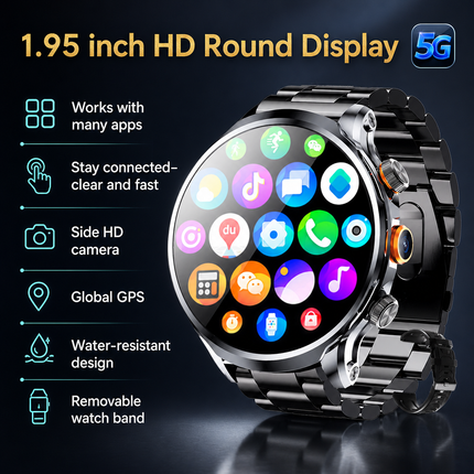 Reloj inteligente 4G AMOLED de 1,95" con GPS, Wi-Fi, cámara de 8 MP y seguimiento de actividad, batería de 1880 mAh, 16 GB + 256 GB de RAM, cámara de 8 MP, GPS, Wi-Fi, descarga de aplicaciones de Google, monitor de frecuencia cardíaca.