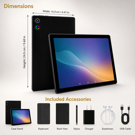 10.1-inch Android 16 Tablet – 24GB RAM (3+21) + 64GB ROM – Octa Core – 1280x800 LCD Screen – 6000 mAh Battery – 5MP / 8MP AF Camera – TF Support up to 1TB – Type-C – Complete bundle with keyboard, mouse, case, and stylus