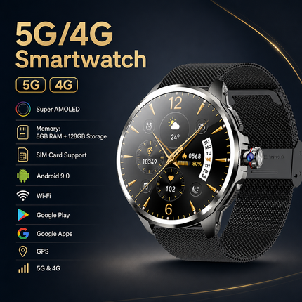Montre connectée 5G/4G AMOLED 1,95″ montre intelligente 720*720 HD Google APP Smartwatch Android, GPS, Wi-Fi, appels SIM, caméra 8 MP, suivi santé et jusqu’à 8 Go + 128 Go