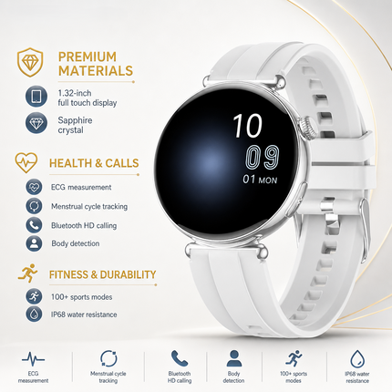 Montre connectée femme AMOLED 1,32 po – Appels Bluetooth, ECG, suivi santé et sport, écran 466 × 466, IP68