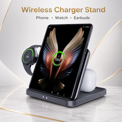 Support de Charge Sans Fil 15W pour Galaxy Z Flip/Fold 7/S26 Ultra – Compatible avec les Montres et Écouteurs – Certifié CE, FCC, RoHS