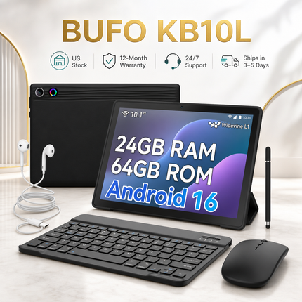 10.1-inch Android 16 Tablet – 24GB RAM (3+21) + 64GB ROM – Octa Core – 1280x800 LCD Screen – 6000 mAh Battery – 5MP / 8MP AF Camera – TF Support up to 1TB – Type-C – Complete bundle with keyboard, mouse, case, and stylus