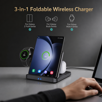 Support de Charge Sans Fil 15W pour Galaxy Z Flip/Fold 7/S26 Ultra – Compatible avec les Montres et Écouteurs – Certifié CE, FCC, RoHS