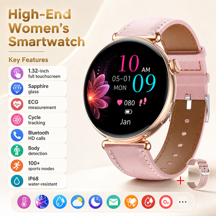 Montre connectée femme AMOLED 1,32 po – Appels Bluetooth, ECG, suivi santé et sport, écran 466 × 466, IP68