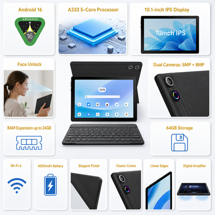 10.1-inch Android 16 Tablet – 24GB RAM (3+21) + 64GB ROM – Octa Core – 1280x800 LCD Screen – 6000 mAh Battery – 5MP / 8MP AF Camera – TF Support up to 1TB – Type-C – Complete bundle with keyboard, mouse, case, and stylus