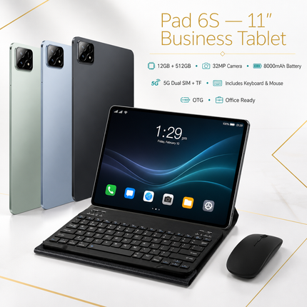 Tablette Android Pad 6S 11 pouces – 12 Go RAM, 512 Go, écran 2K, Android 14, processeur Octa-Core, double SIM 5G, Wi-Fi et caméra 32 MP