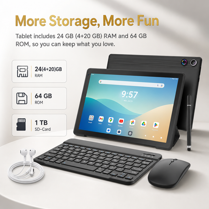 10.1-inch Android 16 Tablet – 24GB RAM (3+21) + 64GB ROM – Octa Core – 1280x800 LCD Screen – 6000 mAh Battery – 5MP / 8MP AF Camera – TF Support up to 1TB – Type-C – Complete bundle with keyboard, mouse, case, and stylus