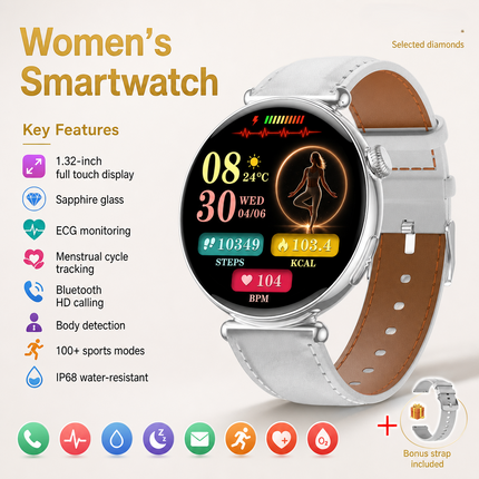 Montre connectée femme AMOLED 1,32 po – Appels Bluetooth, ECG, suivi santé et sport, écran 466 × 466, IP68
