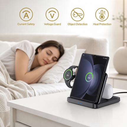 Support de Charge Sans Fil 15W pour Galaxy Z Flip/Fold 7/S26 Ultra – Compatible avec les Montres et Écouteurs – Certifié CE, FCC, RoHS