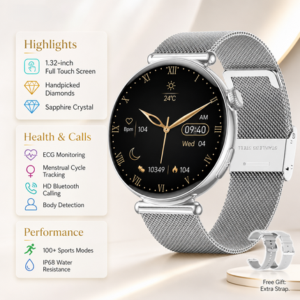Montre connectée femme AMOLED 1,32 po – Appels Bluetooth, ECG, suivi santé et sport, écran 466 × 466, IP68