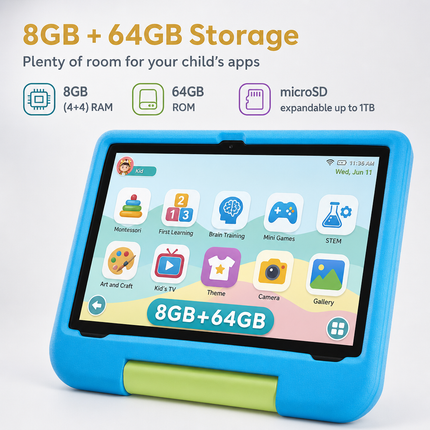 Kids Tablet, 10.1-inch Android 15 Kids Tablet 2020 with Eye Protection Screen, 8GB (4+4GB) RAM 64GB Storage, 5000mAh Battery