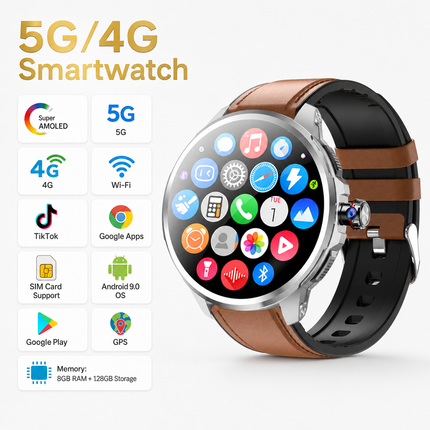 Montre connectée 5G/4G AMOLED 1,95″ montre intelligente 720*720 HD Google APP Smartwatch Android, GPS, Wi-Fi, appels SIM, caméra 8 MP, suivi santé et jusqu’à 8 Go + 128 Go