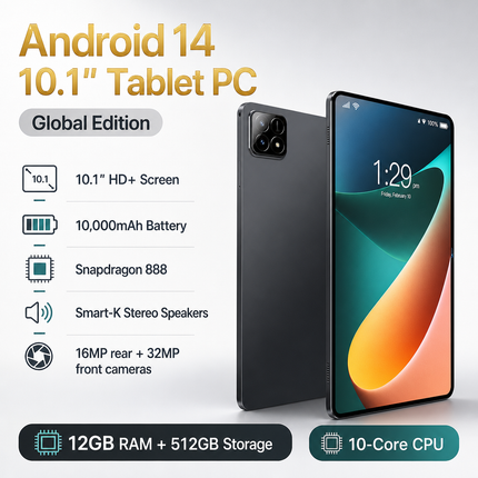Tablette Android Pad 6S 11 pouces – 12 Go RAM, 512 Go, écran 2K, Android 14, processeur Octa-Core, double SIM 5G, Wi-Fi et caméra 32 MP