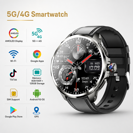 Montre connectée 5G/4G AMOLED 1,95″ montre intelligente 720*720 HD Google APP Smartwatch Android, GPS, Wi-Fi, appels SIM, caméra 8 MP, suivi santé et jusqu’à 8 Go + 128 Go