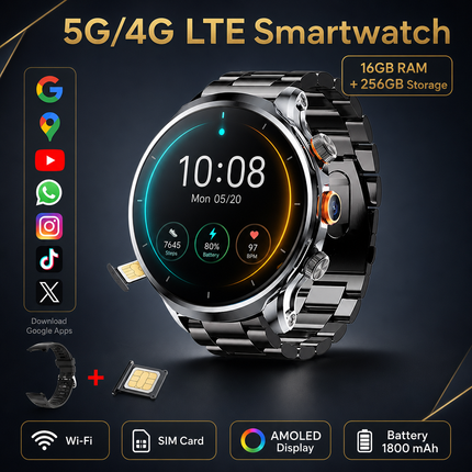 Reloj inteligente 4G AMOLED de 1,95" con GPS, Wi-Fi, cámara de 8 MP y seguimiento de actividad, batería de 1880 mAh, 16 GB + 256 GB de RAM, cámara de 8 MP, GPS, Wi-Fi, descarga de aplicaciones de Google, monitor de frecuencia cardíaca.