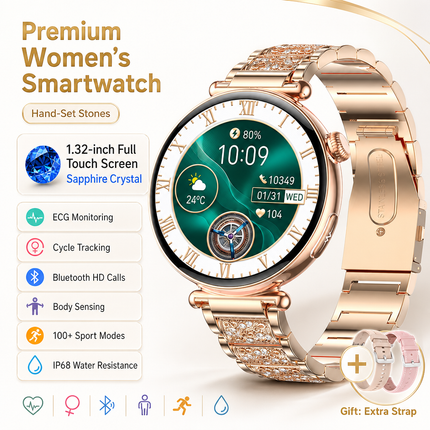 Montre connectée femme AMOLED 1,32 po – Appels Bluetooth, ECG, suivi santé et sport, écran 466 × 466, IP68
