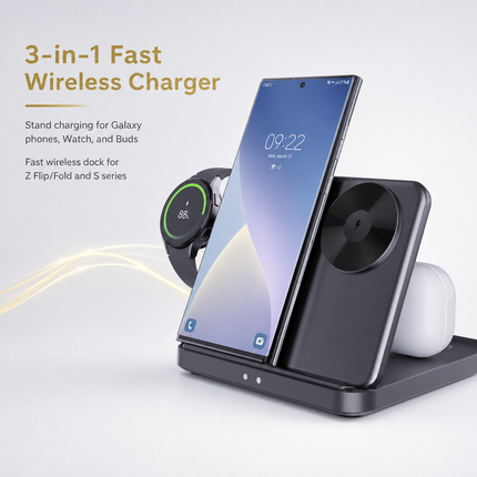 Support de Charge Sans Fil 15W pour Galaxy Z Flip/Fold 7/S26 Ultra – Compatible avec les Montres et Écouteurs – Certifié CE, FCC, RoHS
