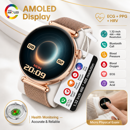 Montre connectée femme AMOLED 1,32 po – Appels Bluetooth, ECG, suivi santé et sport, écran 466 × 466, IP68