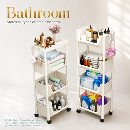Chariot de rangement à roulettes 2 à 5 niveaux en plastique – Étagère mobile pour cuisine, salle de bain, bureau, livres, jouets et produits du quotidien