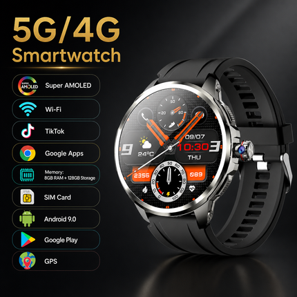 Montre connectée 5G/4G AMOLED 1,95″ montre intelligente 720*720 HD Google APP Smartwatch Android, GPS, Wi-Fi, appels SIM, caméra 8 MP, suivi santé et jusqu’à 8 Go + 128 Go