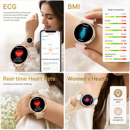 Montre connectée femme AMOLED 1,32 po – Appels Bluetooth, ECG, suivi santé et sport, écran 466 × 466, IP68