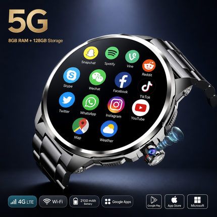 Montre connectée 5G/4G AMOLED 1,95″ montre intelligente 720*720 HD Google APP Smartwatch Android, GPS, Wi-Fi, appels SIM, caméra 8 MP, suivi santé et jusqu’à 8 Go + 128 Go