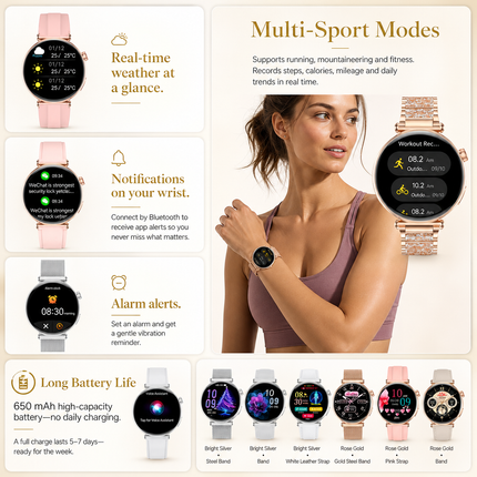 Montre connectée femme AMOLED 1,32 po – Appels Bluetooth, ECG, suivi santé et sport, écran 466 × 466, IP68