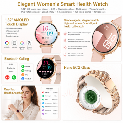 Montre connectée femme AMOLED 1,32 po – Appels Bluetooth, ECG, suivi santé et sport, écran 466 × 466, IP68