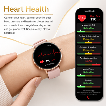 Montre connectée femme AMOLED 1,32 po – Appels Bluetooth, ECG, suivi santé et sport, écran 466 × 466, IP68