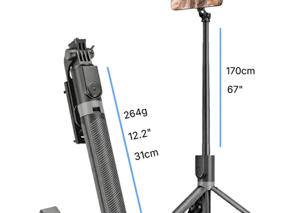 Palo selfie de 170 cm con trípode, rotación de 360°, control remoto Bluetooth, compatible con teléfonos inteligentes y cámaras iOS/Android.
