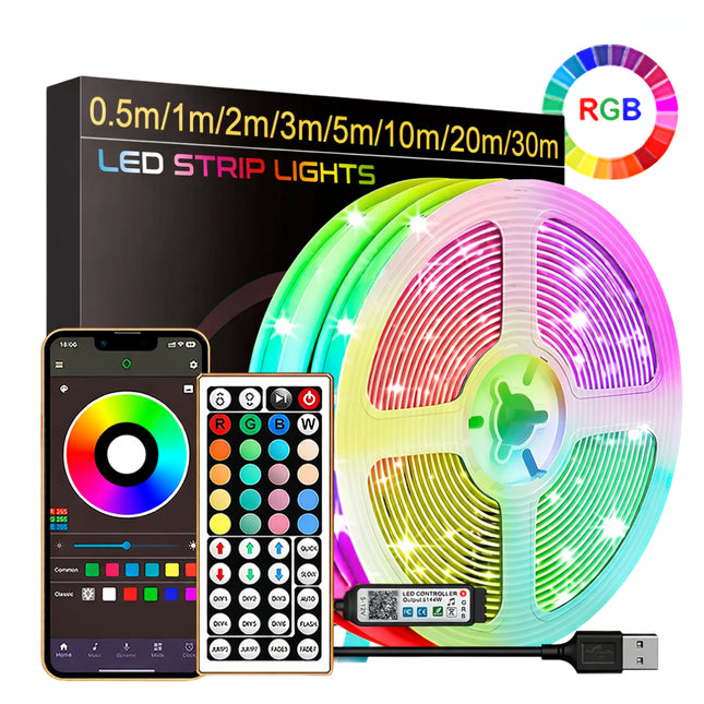 Ruban lumineux LED RGB 5V 16 LEDs/m - Contrôle par Télécommande et Application Smartphone (IOS - Android) - 9 Longueurs (0.5m à 30m) pour Décoration Chambre, Salon, Fête