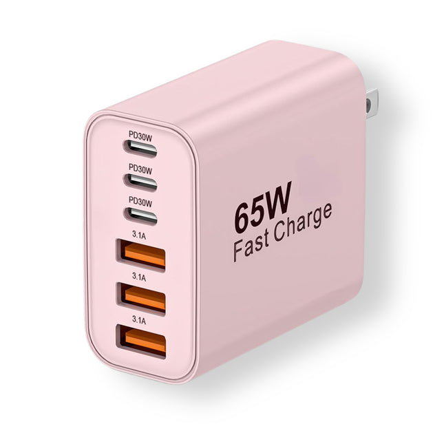 Chargeur Secteur Multiport 6-en-1 65W - 3 Ports USB-C PD + 3 Ports USB-A QC, Compatible iPhone 17 16, iPad, Samsung S24, iWatch, Switch