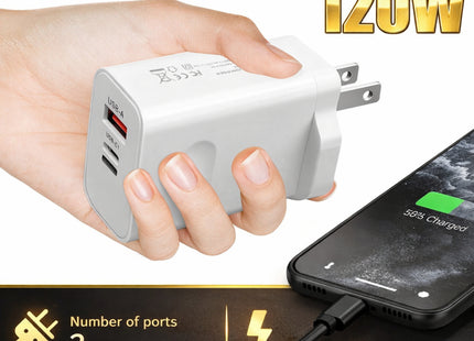 Cargador de pared rápido 2 en 1 de 120 W – Doble puerto USB-A y USB-C PD – Adaptador de corriente universal para iPhone, Samsung, Xiaomi, Redmi – Enchufe estadounidense