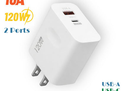 Cargador de pared rápido 2 en 1 de 120 W – Doble puerto USB-A y USB-C PD – Adaptador de corriente universal para iPhone, Samsung, Xiaomi, Redmi – Enchufe estadounidense