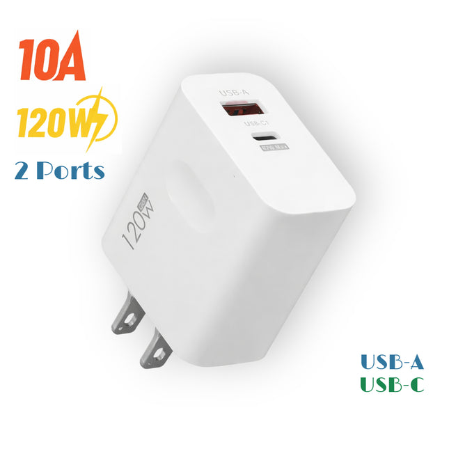Cargador de pared rápido 2 en 1 de 120 W – Doble puerto USB-A y USB-C PD – Adaptador de corriente universal para iPhone, Samsung, Xiaomi, Redmi – Enchufe estadounidense
