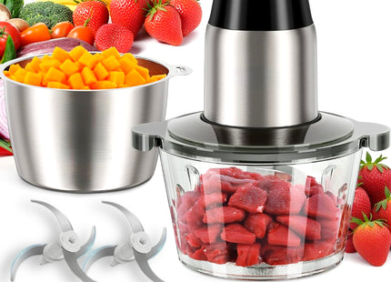 Robot Culinaire 450W avec Moteur Cuivre – Hachoir Électrique 2 Bols (8 Tasses + 8 Tasses) avec Lames Bi-Niveaux pour Viande, Fruits, Noix et Légumes – 2 Vitesses avec Sécurité Enfant