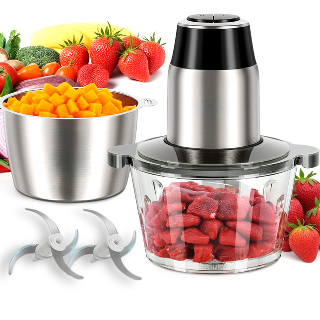 Robot Culinaire 450W avec Moteur Cuivre – Hachoir Électrique 2 Bols (8 Tasses + 8 Tasses) avec Lames Bi-Niveaux pour Viande, Fruits, Noix et Légumes – 2 Vitesses avec Sécurité Enfant